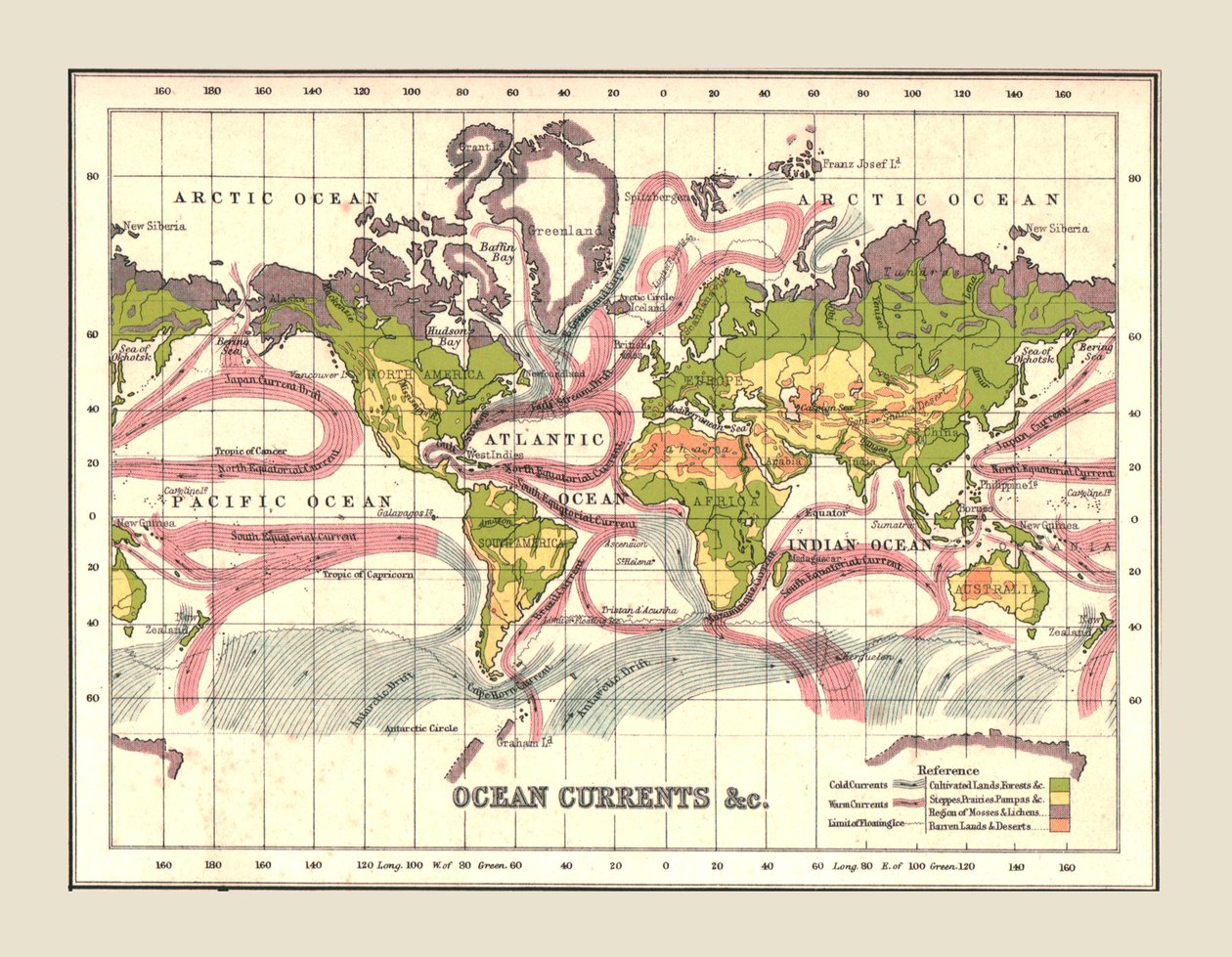 خريطة العالم تظهر تيارات المحيط ، 1902. بواسطة غير معروف