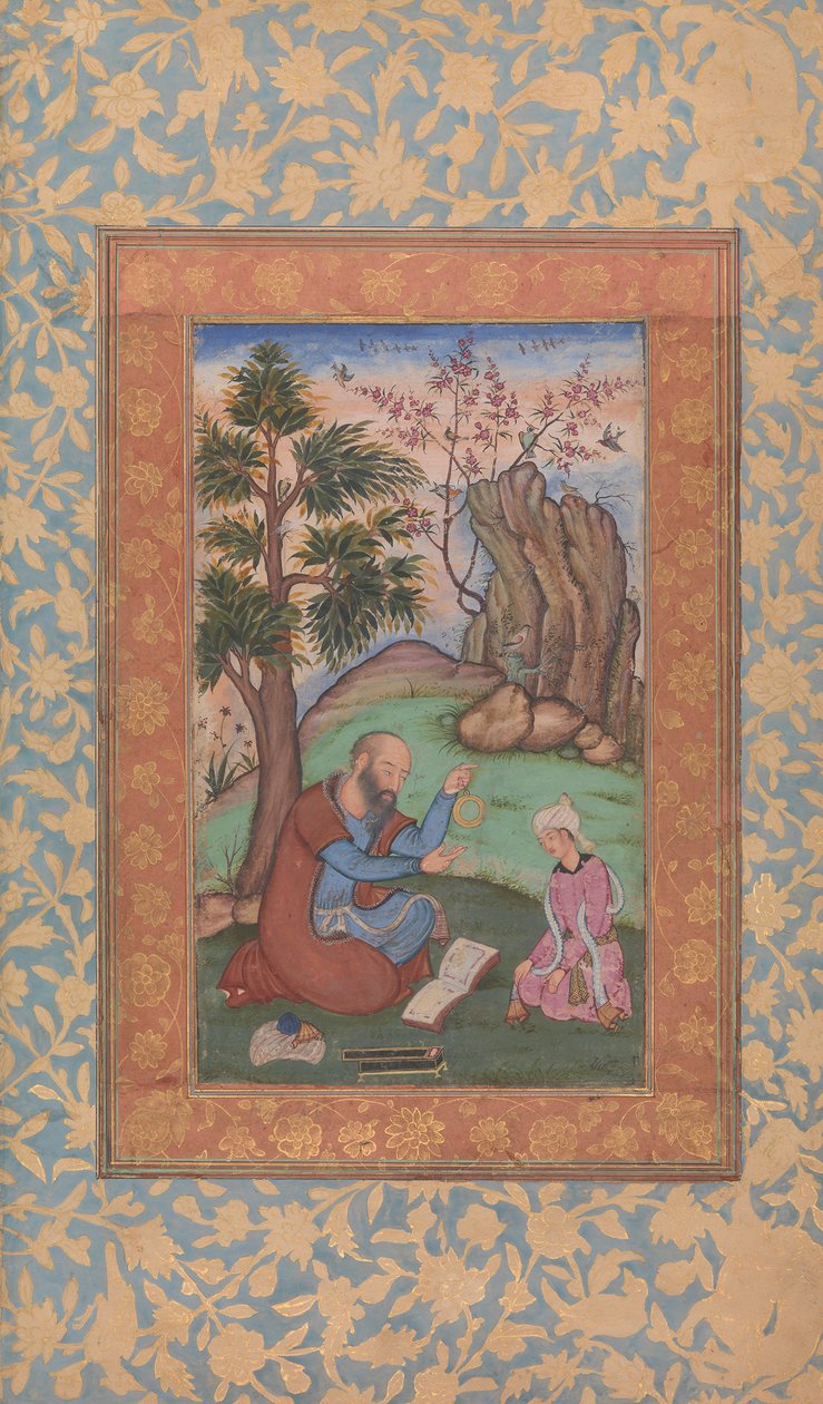 الأمير الشاب والموجه يجلسان في المناظر الطبيعية ، كاليفورنيا. 1600. بواسطة غير معروف