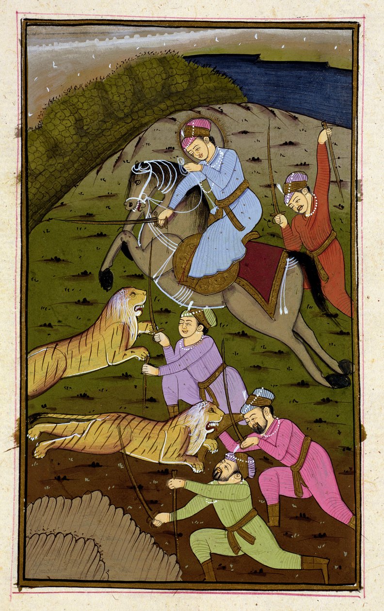 أكبر في مطاردة نمر من أكبرارناما ، موغال ، ج .1590 ، (نص توضيحي) بواسطة غير معروف غير معروف