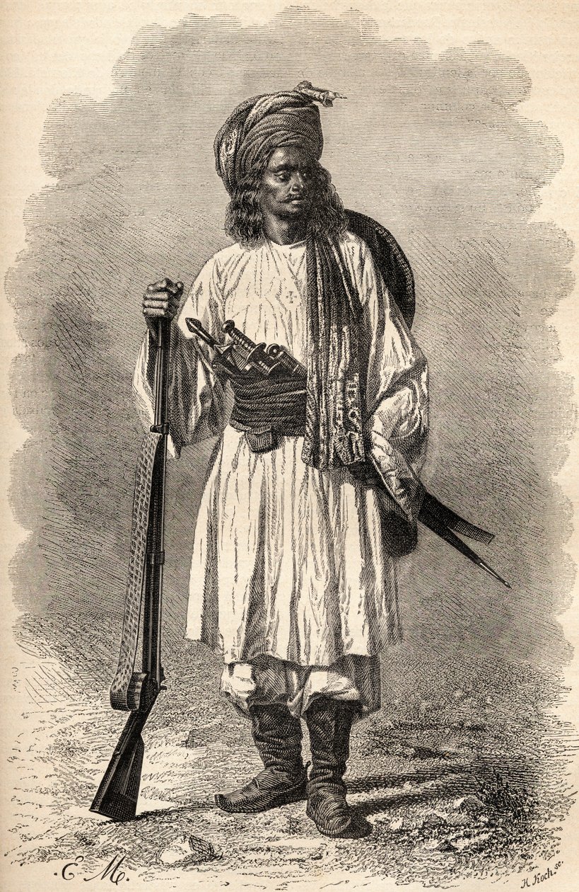 جندي أفغاني ، رسم توضيحي من "العالم في الأيادي" ، نقش بواسطة H. Koch ، نشر عام 1878 بواسطة غير معروف غير معروف