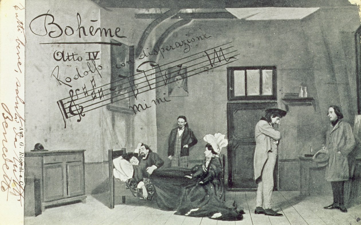 مشهد من القانون الرابع لأوبرا "لا بوهيم" ، بقلم جياكومو بوتشيني (1858-1924) (صور من وزن الجسم) بواسطة غير معروف غير معروف