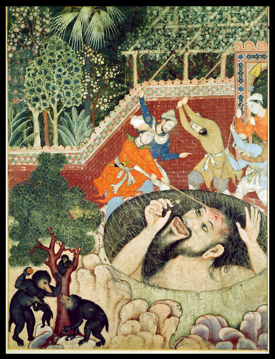 يقع زمرد شاه في حفرة ويتعرض للضرب من قبل البستانيين ، من Hamzanama (كتاب حمزة) ، من الهند أو باكستان ، c.1562-77 (مرحاض غير شفاف على القطن) بواسطة غير معروف غير معروف