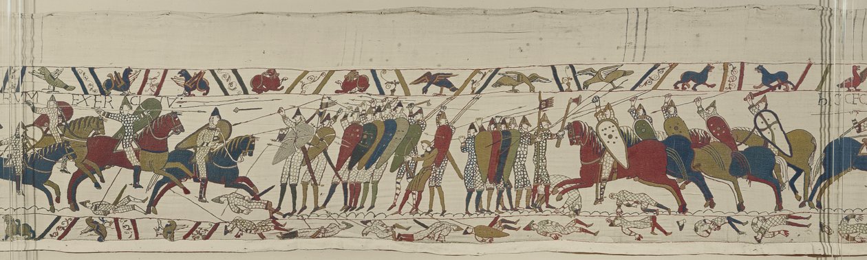يهاجم سلاح الفرسان النورمان جدار الدرع الإنجليزي ويتم الانضمام إلى المعركة ، Bayeux Tapestry بواسطة غير معروف غير معروف