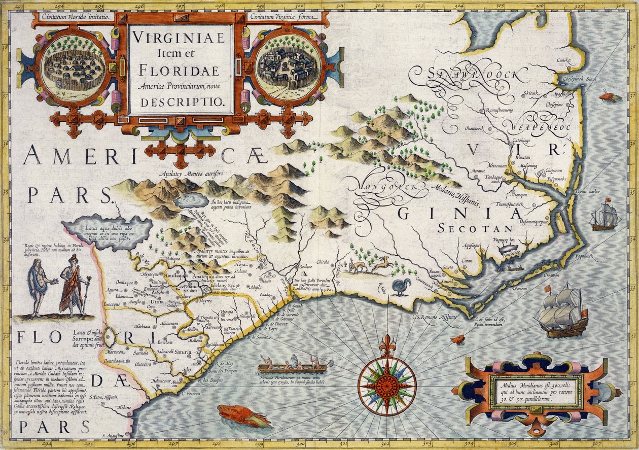 كارولينا الشمالية ، بعنوان "Virginiae item et Floridae" من Mercator "Atlas ..." عام 1606 ، الحانة. جودوكوس هونديوس ، 1619 بواسطة غير معروف غير معروف
