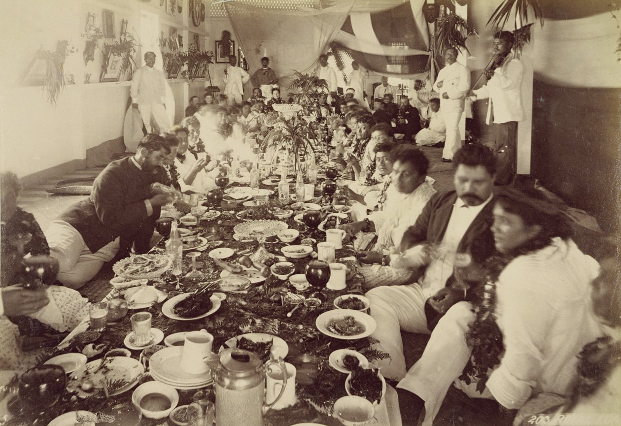 مأدبة ملكية في بيت قارب الملك كالاكانا ، 1875 بواسطة غير معروف غير معروف