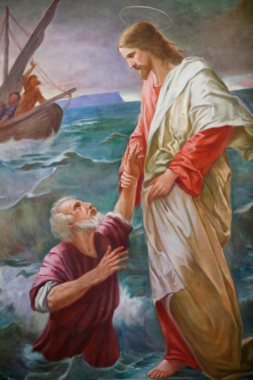 كنيسة القديس غرات ، الرسم ، سار بيتر على الماء نحو يسوع ، لكنه أصبح خائفاً وبدأ في الغرق ، وأنقذه يسوع ، Valgrisenche ، إيطاليا بواسطة غير معروف غير معروف