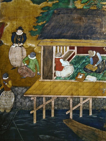 وصول البرتغاليين إلى اليابان ، تفاصيل منزل على ركائز متينة ، من شاشة Namban Byobu ، 1594-1618 بواسطة غير معروف غير معروف