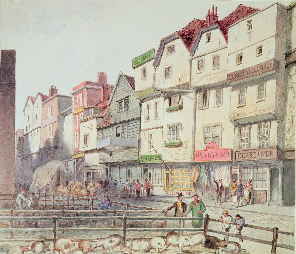 منظر لـ Long Lane ، مع خنازير في أقلام في جزء من سوق Old Smithfield ، 1844 بواسطة غير معروف غير معروف