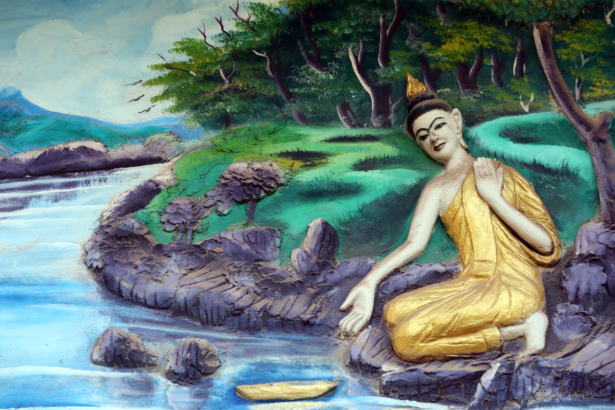 20151029, Vientiane, Laos : Wat Inpeng buddhist temple. Painting depicting the life story of Shakyamuni Buddha. Bathing in the river بواسطة غير معروف