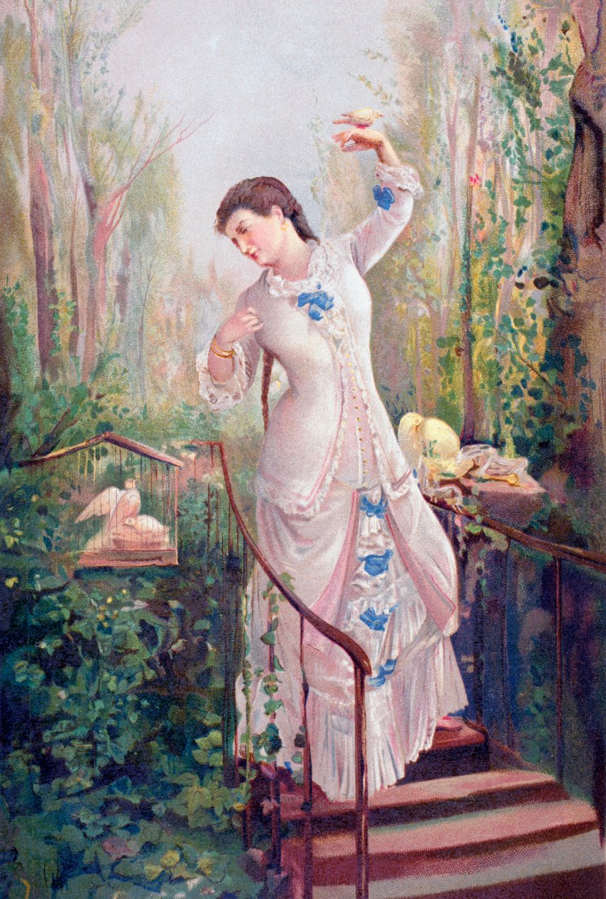 A 19th century woman in a garden with turtledoves, after the painting La Tórtola Madre, by Ramon Marti y Alsina, from 