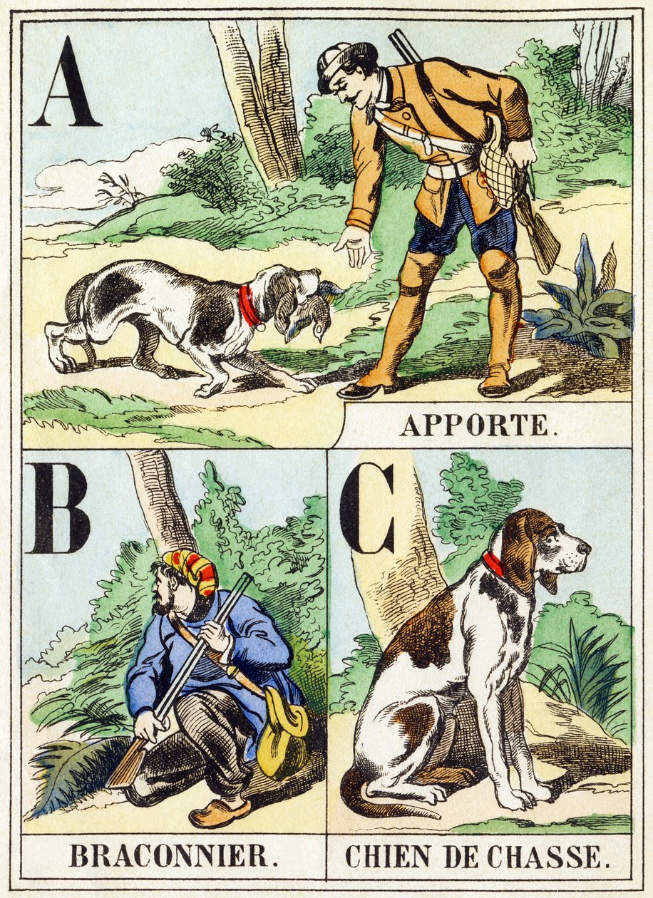 ABC: Apporte ، Braconnier ، Chien de chasse - أبجدية الصيد ، c1890 (نقش) بواسطة غير معروف