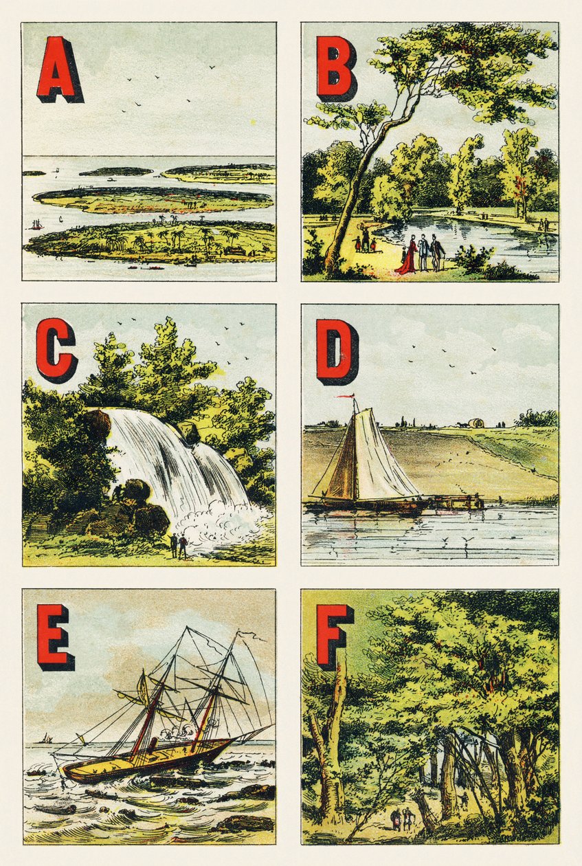 ABCDEF: أرخبيل ، Bois de Boulogne ، شلال ، سد ، شعاب مرجانية ، غابة Fontainebleau - نقش مستخرج من Alphabet geographique. Guerin-Muller et Cie ، محرران ، باريس بواسطة غير معروف