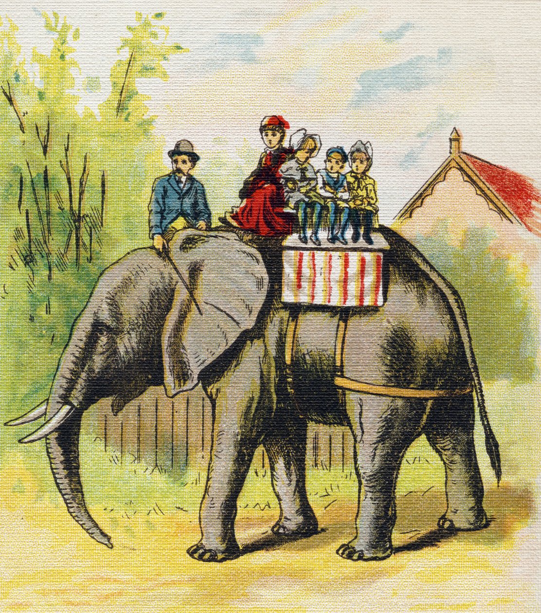 عائلة تجلس على فيل. نقش في "ABC L'alphabet des bebes". حجم غير قابل للكسر على القماش في الطباعة الحجرية الملونة. A. Capendu ، محرر ، باريس. أوائل القرن العشرين ، حوالي عام 1905. صور من أصل إنجليزي ، مصحوبة بكلمات بالفرنسية المقابلة بواسطة غير معروف