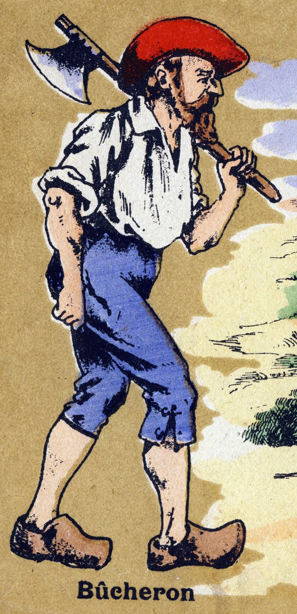 رجل حطاب يغادر لقطع الخشب بفأس. الأبجدية المصورة. تم لم شمل الصور في جارفيل نانسي ، بداية القرن العشرين. الأبعاد: ٤٠ × ٢٩ سم. الطباعة الحجرية على خلفية بيستر بواسطة غير معروف