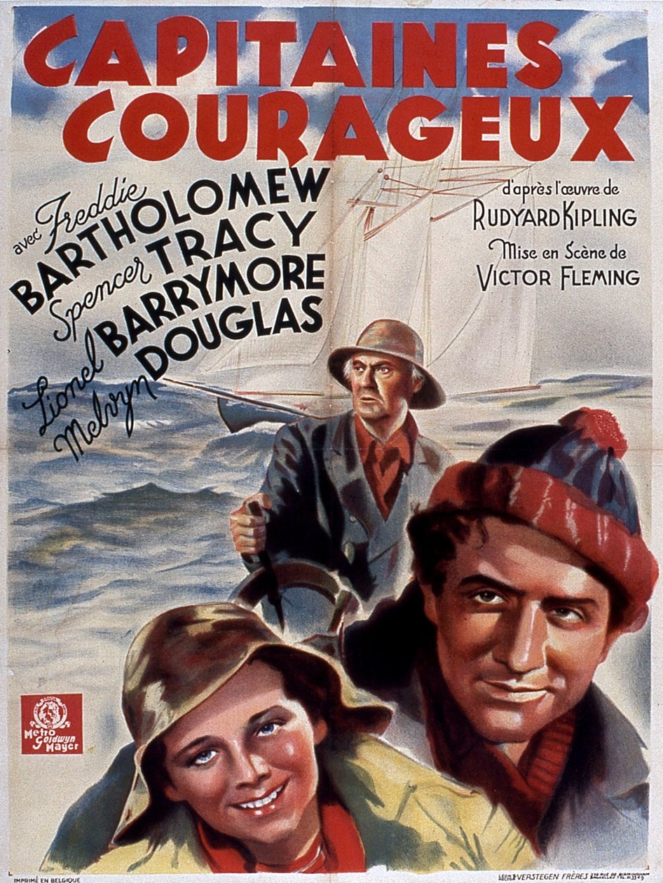 ملصق فيلم Captain Courageous بواسطة VictorFleming مع فريدي بارثولوميو (الطفل) سبنسر تريسي وليونيل دوغلاس 1937 (بعد روديارد كيبلينج) بواسطة غير معروف