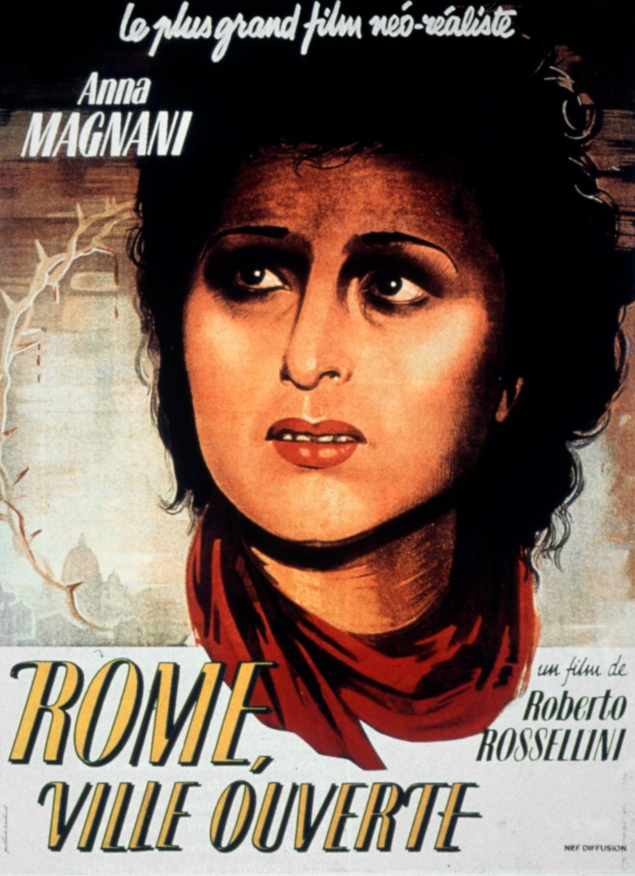 ملصق فيلم مدينة روما المفتوحة لروبرتو روسيليني مع ألدو فابريزي وآنا ماجناني عام 1944 بواسطة غير معروف