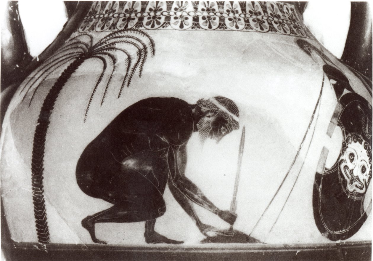 Ajax Preparing for his Death, illustration after a 6th century BC Greek krater vase (engraving) (b/w photo) بواسطة غير معروف
