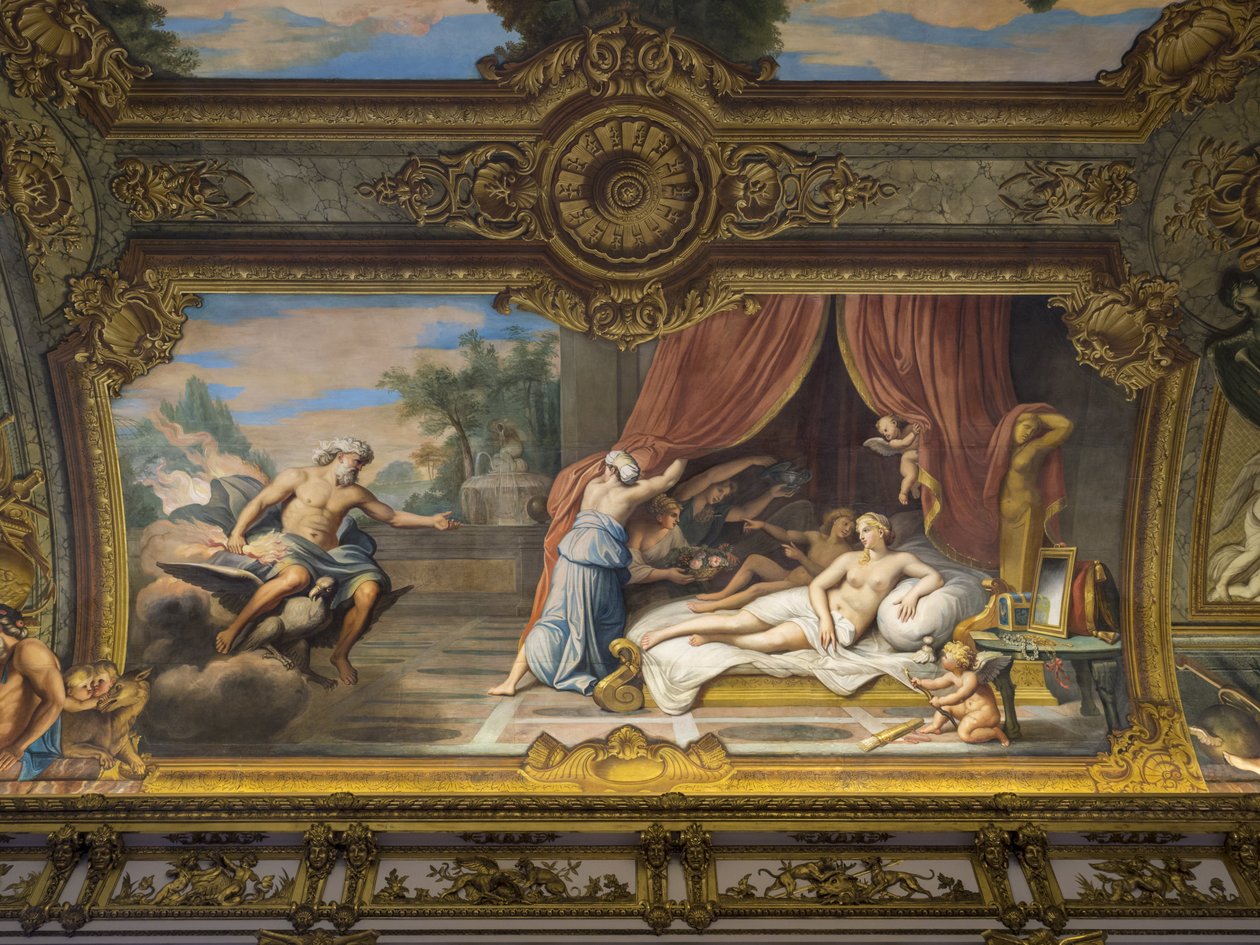 Allegorie du Feu يمثل كوكب المشتري وسيميل ، لويس الثالث عشر (1601-1643) يزور آن النمسا (1601-1666) (تصور لويس الرابع عشر). لوحة قبو Galerie doree ، بقلم فرانسوا بيرييه (1594-1649) بواسطة غير معروف