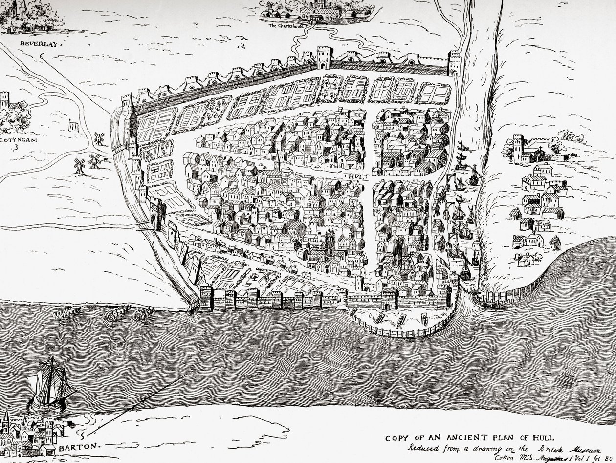 Ancient plan of Kingston upon Hull, East Riding of Yorkshire, England, from Picturesque History of Yorkshire, published c.1900 بواسطة غير معروف