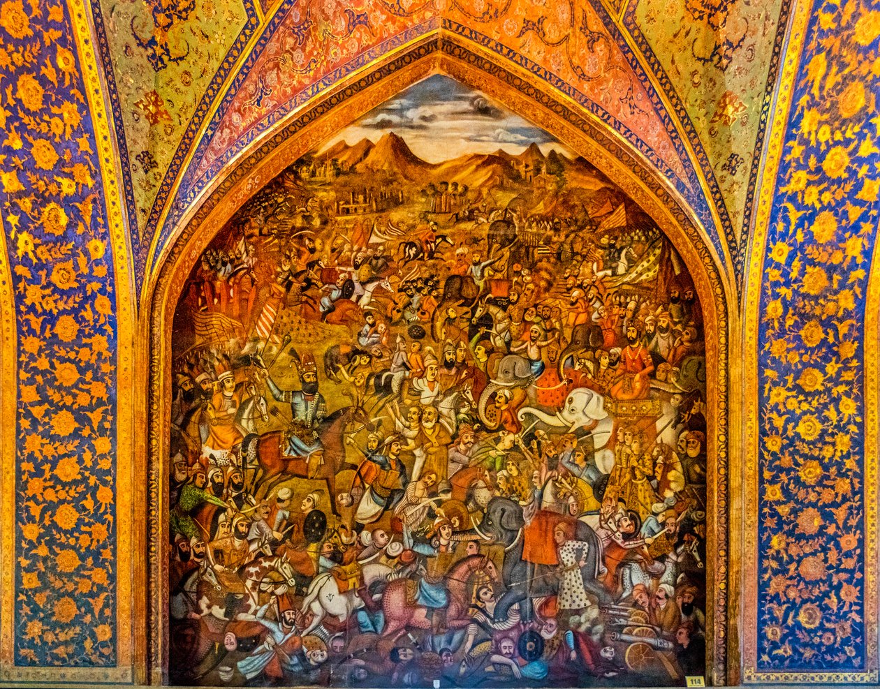 معركة كلديران ضد العثماني سليم الأول 1514 ، اللوحات الجدارية مع مناظر البلاط ومشاهد المعركة ، قصر جهل ستون ، أصفهان ، أصفهان ، إيران ، آسيا (صورة) بواسطة فنان غير معروف