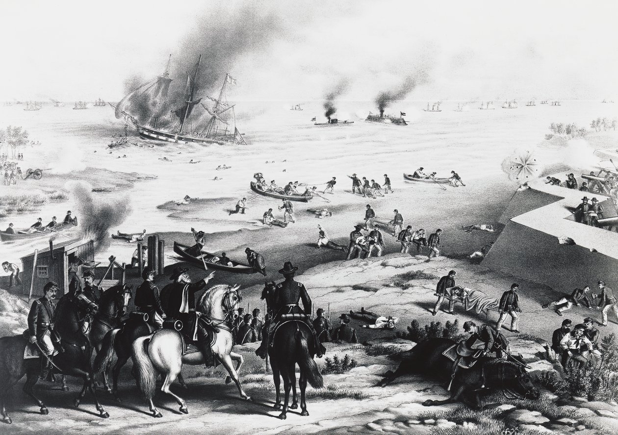Battle of Hampton Roads أو Battle of Ironclads ، USS Monitor و CSS Virginia (يمين) ، 9 مارس بواسطة فنان غير معروف