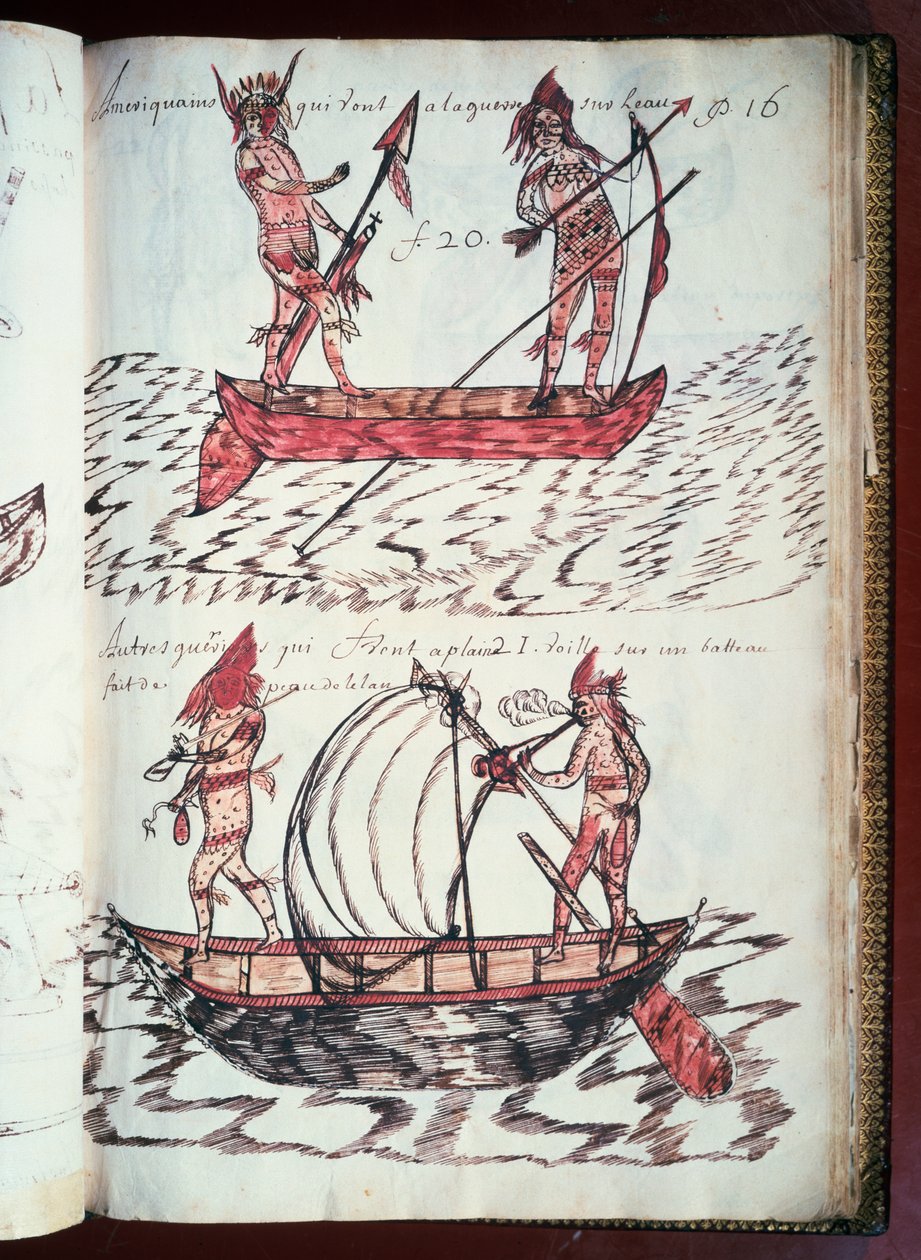 قوارب الهنود ، صفحة من Codex Canadensis (1664-1675) ، مخطوطة على رق من قبل لويس نيكولاس ، فرنسا بواسطة فنان غير معروف