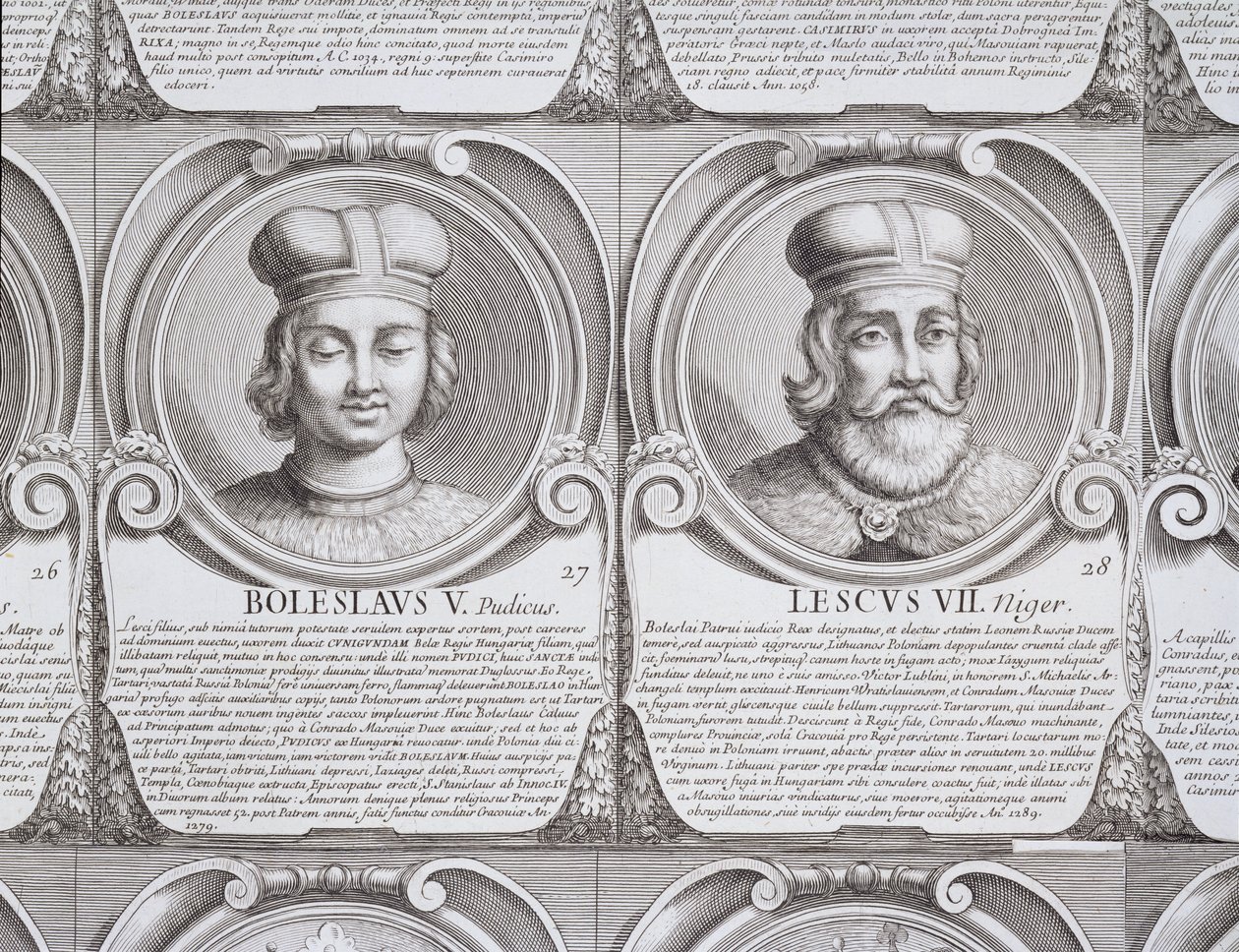 بوليسلاف الخامس ، العفيفة ، وليزيك الثاني ، الأسود ، لا. 27 و 28 من "Series Chronologica Ducum et Regum Polonorum" (نقش) بواسطة غير معروف