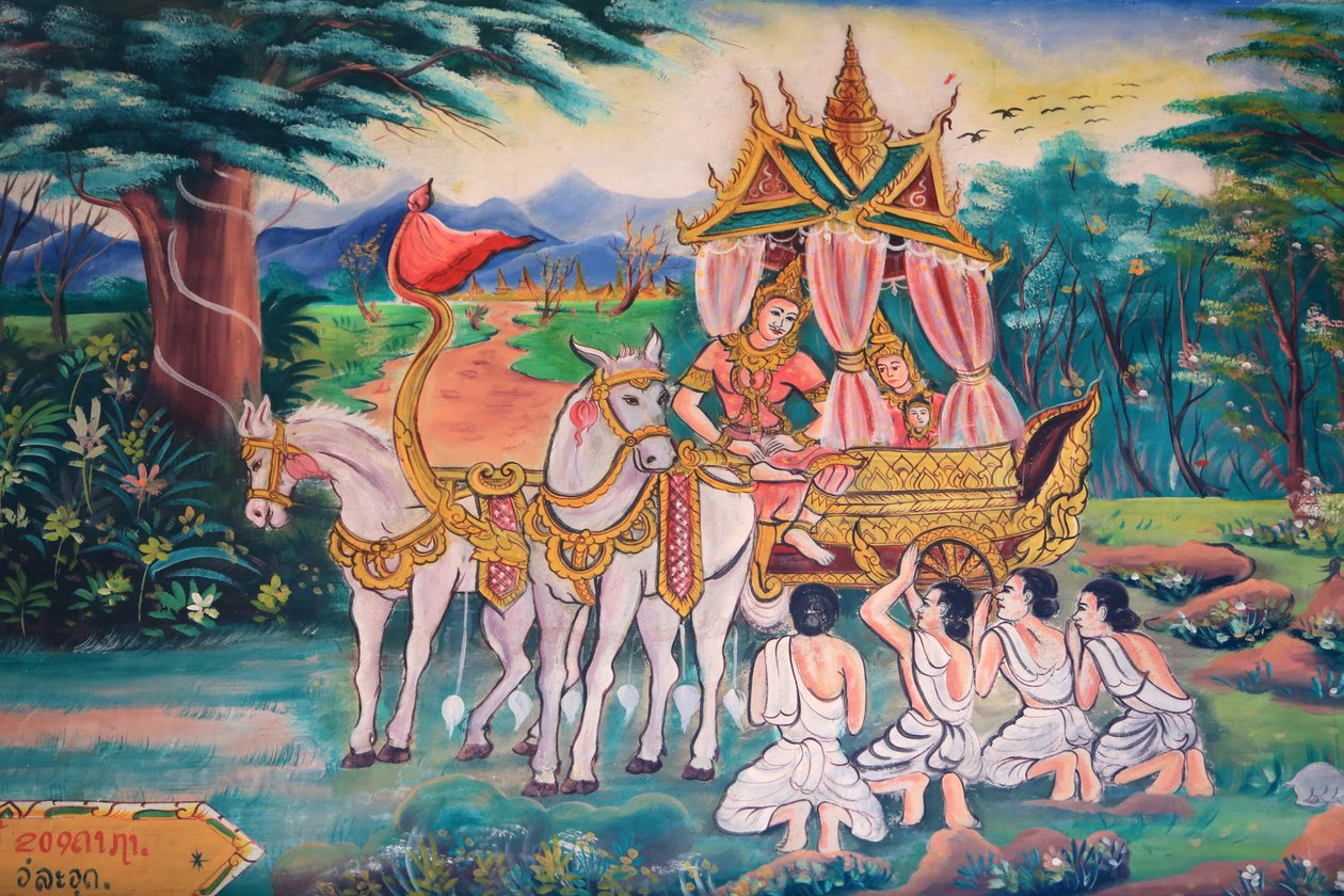 بوذا والأميرة ياشودارا وابنهما راحولا. حياة بوذا. اللوحات الجدارية. وات Inpeng. فينتيان. لاوس ، 20151029 ، فينتيان ، لاوس بواسطة غير معروف