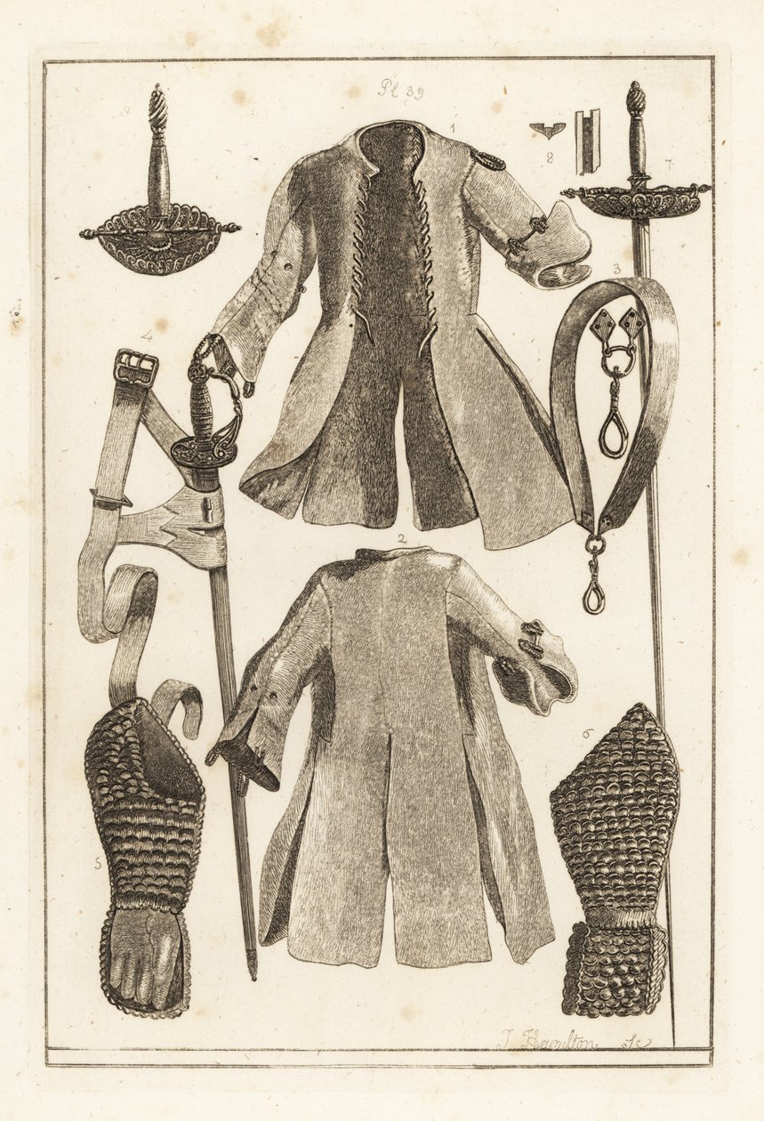 Buff coat 1,2, buff belt 3, gilt-silver sword hilt 4, buff arm-piece and glove 5,6, toledo sword 7, blade and scabbard 8, and hilt 9 بواسطة غير معروف
