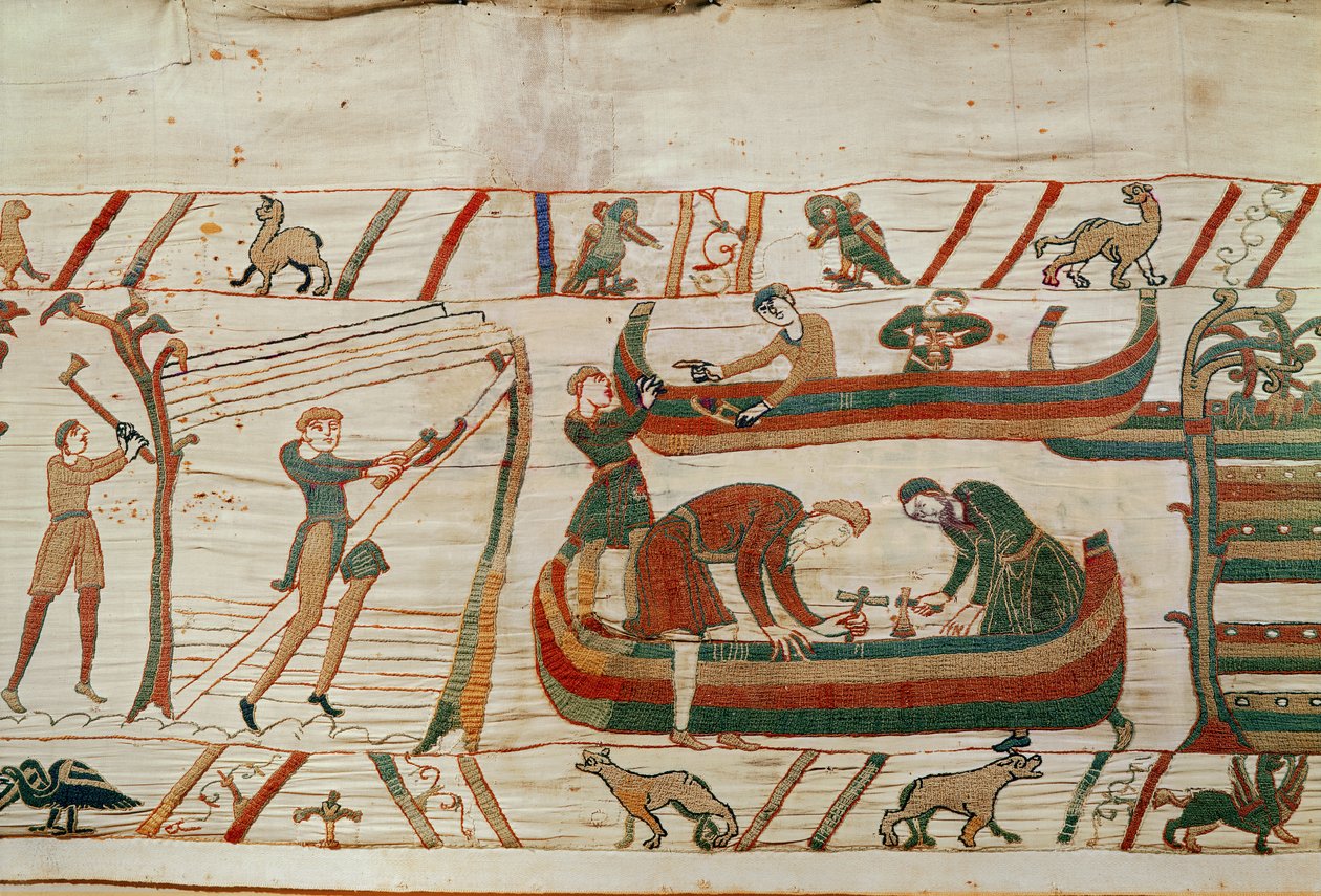 بناء السفن بأوامر من Duke William، Bayeux Tapestry (تطريز صوف على الكتان) بواسطة غير معروف