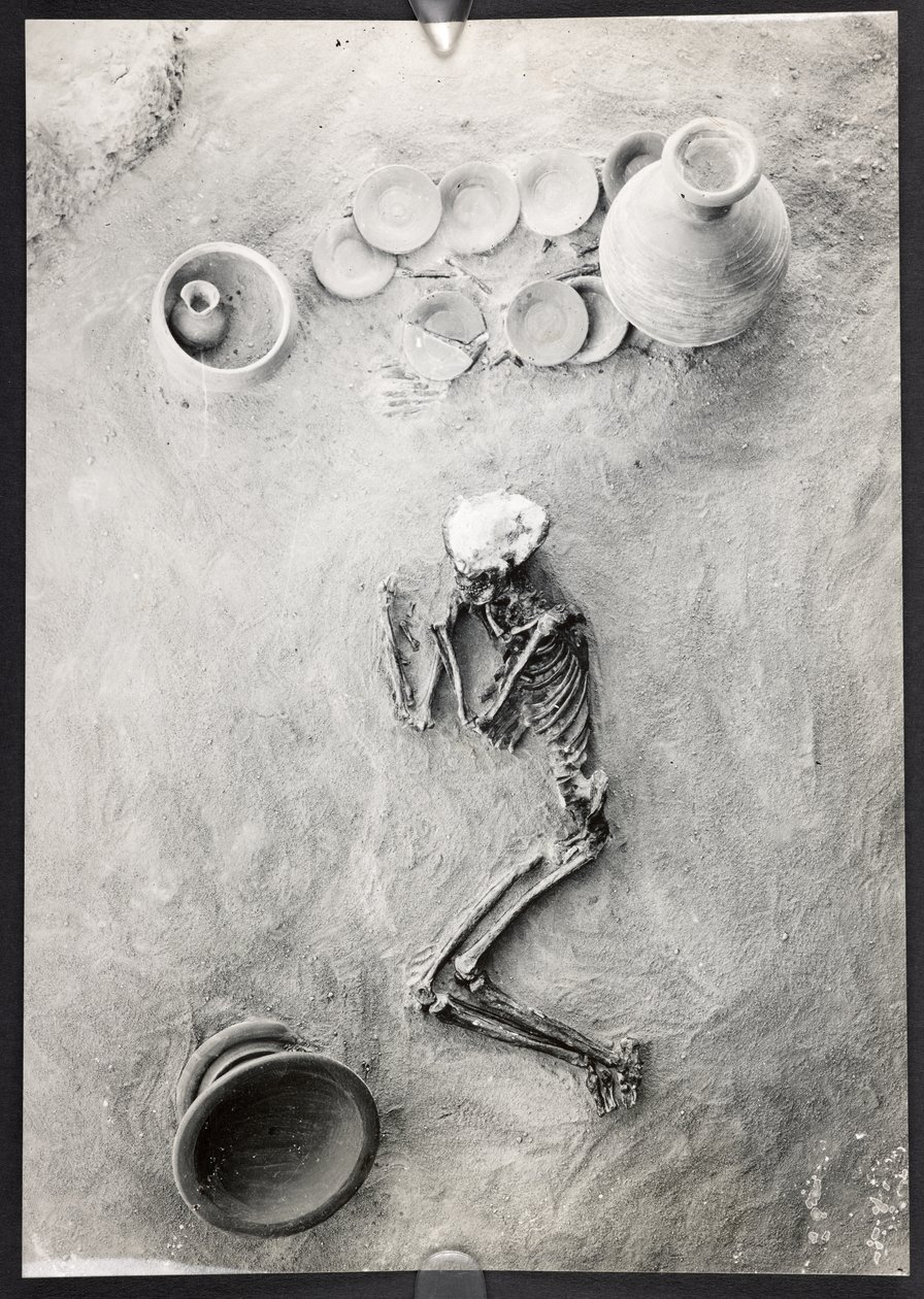 مجموعة الدفن في مقبرة في الموقع H ، الخندق الشرقي ، حفريات Harappa ، Mohenjo-Daro (صورة b / w) بواسطة فنان غير معروف