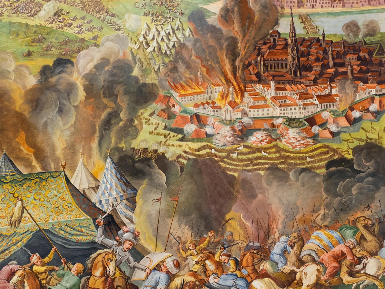 لوحة جدارية على السقف في الممر الجانبي لكنيسة سانت كاترين ، إيقاف تشغيل فيينا في عام 1683 ، ضريح هابسبورغ ، غراتس ، ستيريا ، النمسا ، أوروبا (صورة) بواسطة فنان غير معروف