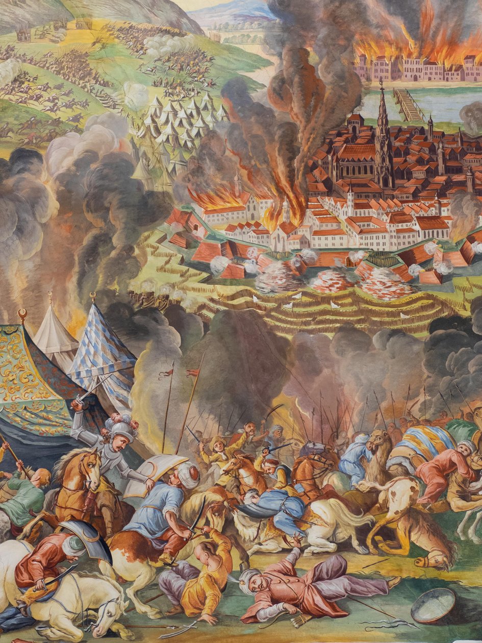 لوحة جدارية على السقف في الممر الجانبي لكنيسة سانت كاترين ، إيقاف تشغيل فيينا في عام 1683 ، ضريح هابسبورغ ، غراتس ، ستيريا ، النمسا ، أوروبا (صورة) بواسطة فنان غير معروف