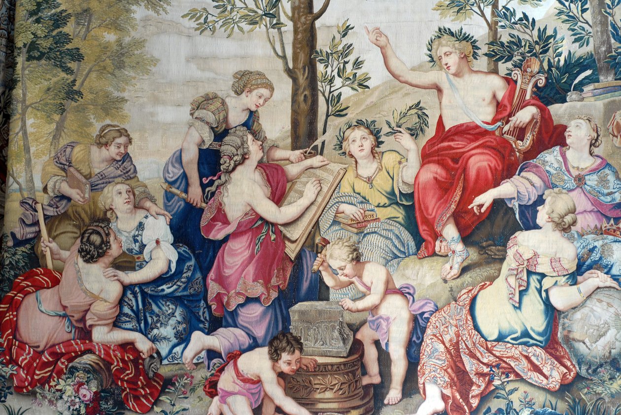 Chateau de Fontainebleau: التفاصيل ، الأقمشة المنسوجة لـ Louis XIV في مصنع Gobelins من عام 1687 بعد اللوحات الرائعة لبيير مينارد في Chateau de Saint Cloud للسيد فيليب دوك دورليانز (1640-1701) ، شقيق الملك. قطعة من بواسطة فنان غير معروف