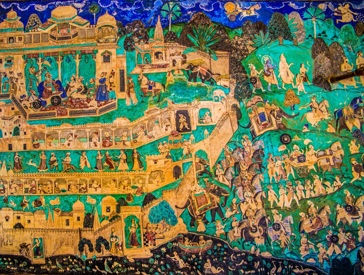 فناء Chittra Sala مع لوحات Virtuoso الجميلة ، Taragarh Fort ، Bandi ، Bandi ، Rajasthan ، India ، Asia (Photo) بواسطة فنان غير معروف