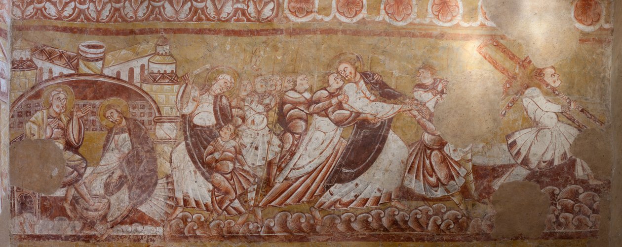 الكنيسة (Église Saint-Martin). الداخلية. اللوحات الجدارية (فريسكو). الجدار الشمالي للجوقة. التفاصيل. القبض على المسيح وغسل القدمين. القرن الثاني عشر. بواسطة غير معروف