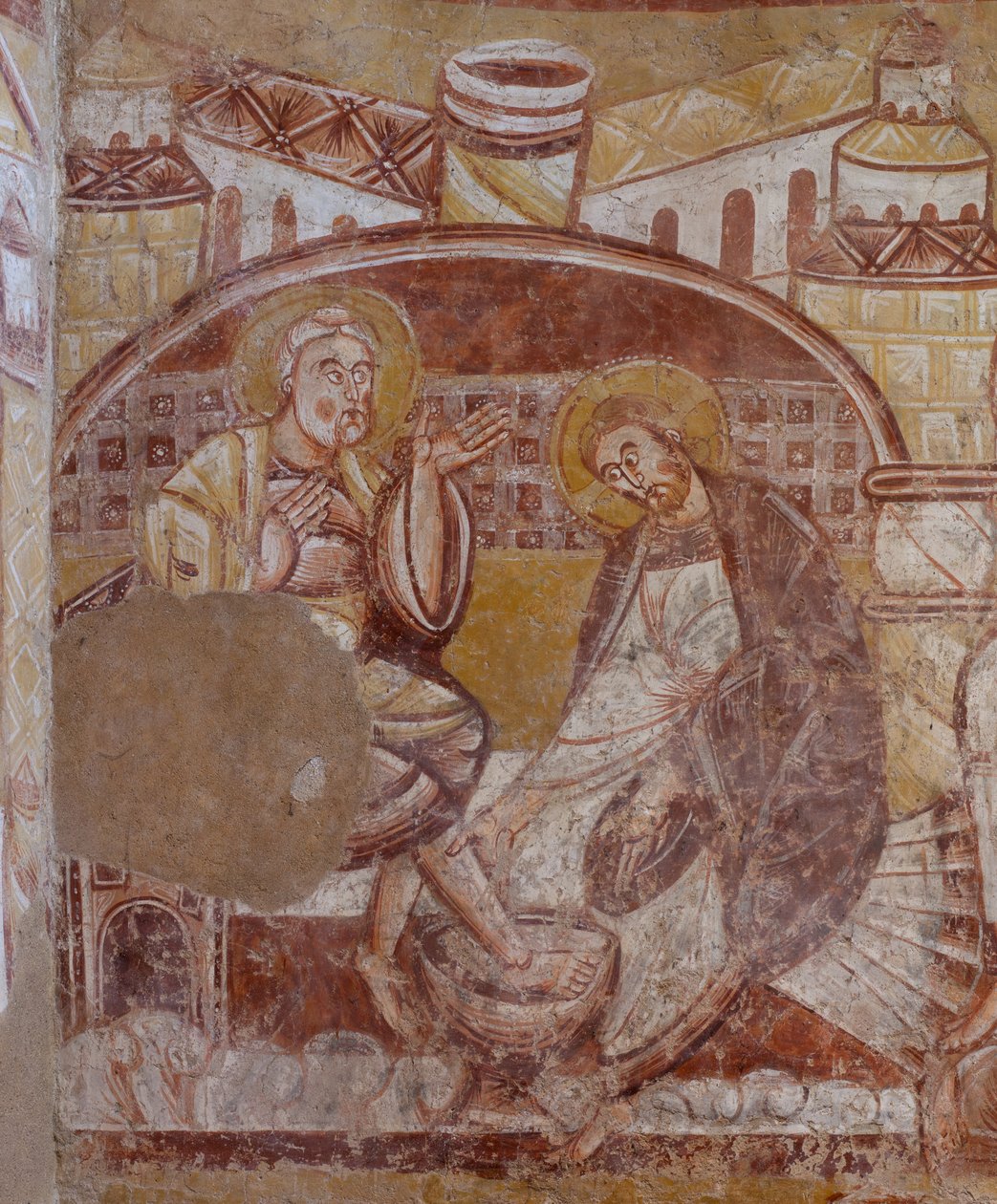 الكنيسة (Église Saint-Martin). الداخلية. اللوحات الجدارية (فريسكو). الجدار الشمالي للجوقة. التفاصيل. غسل القدمين. القرن الثاني عشر. بواسطة غير معروف
