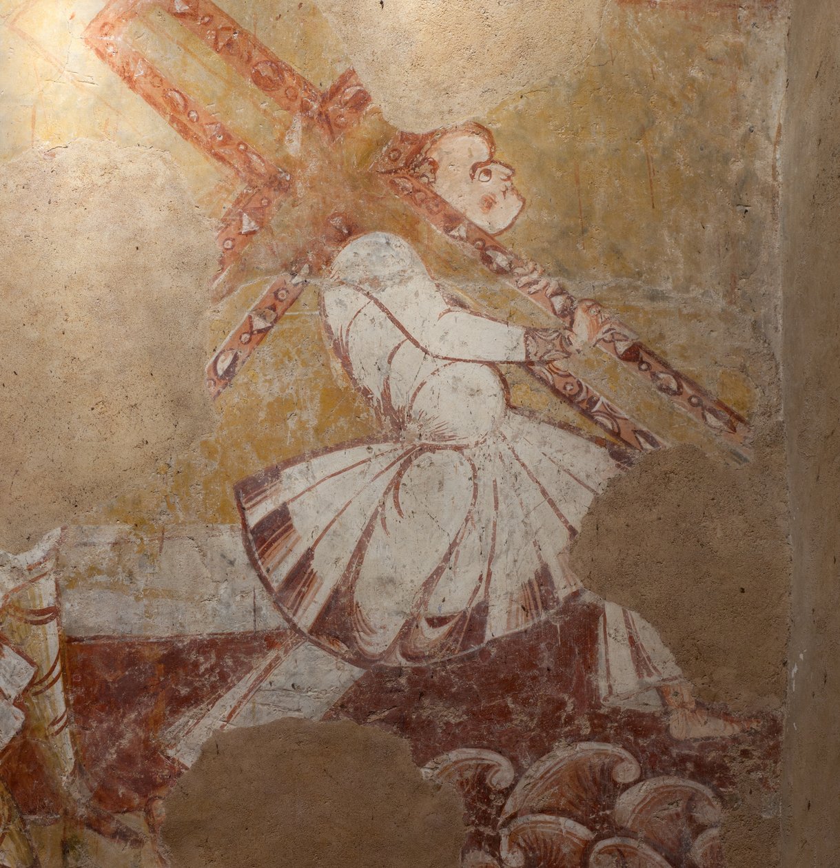 الكنيسة (Église Saint-Martin). الداخلية. اللوحات الجدارية (فريسكو). الجدار الشمالي للجوقة. التفاصيل. سمعان القيرواني يحمل الصليب. القرن الثاني عشر. بواسطة غير معروف