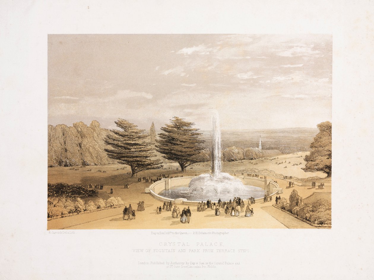 Crystal Palace، Post-Great Exhibition النافورة والمنتزه من شرفة درجات قصر الكريستال ، حوالي 1855 بواسطة غير معروف