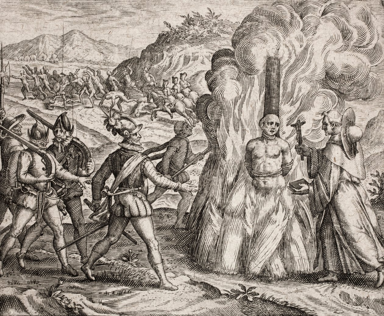 Description of the crimes inflicted on the Indians by the Spanish colonists - Conquistadors burning at the stake an Indian who refused to convert to the Catholic faith. Religious of the Franciscan Order (engraving) ""Narratio regionum indicarum per Hispano بواسطة غير معروف