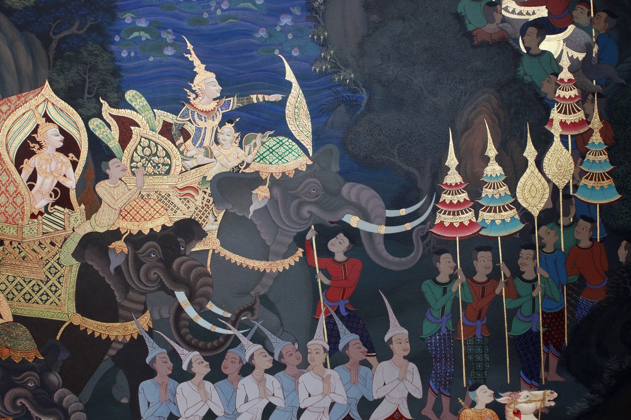 تفاصيل لوحة جدارية في Uposatha (قاعة الضريح) لمعبد Buddhapadipa ، ويمبلدون ، غراند بريتاني بواسطة غير معروف