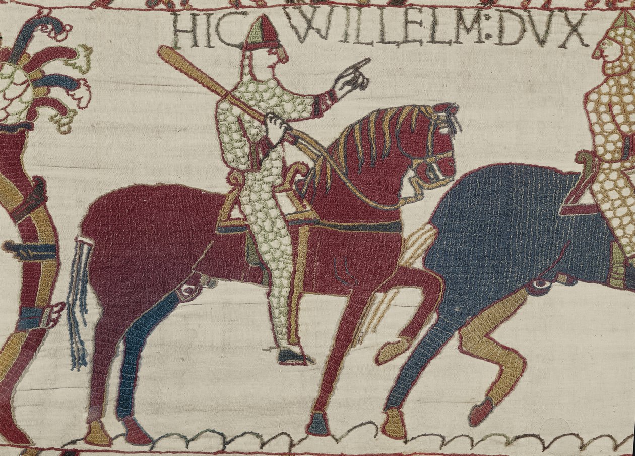 Duke William exhorts his troops to prepare themselves for the battle against the English army, Bayeux Tapestry (wool embroidery on linen) بواسطة غير معروف