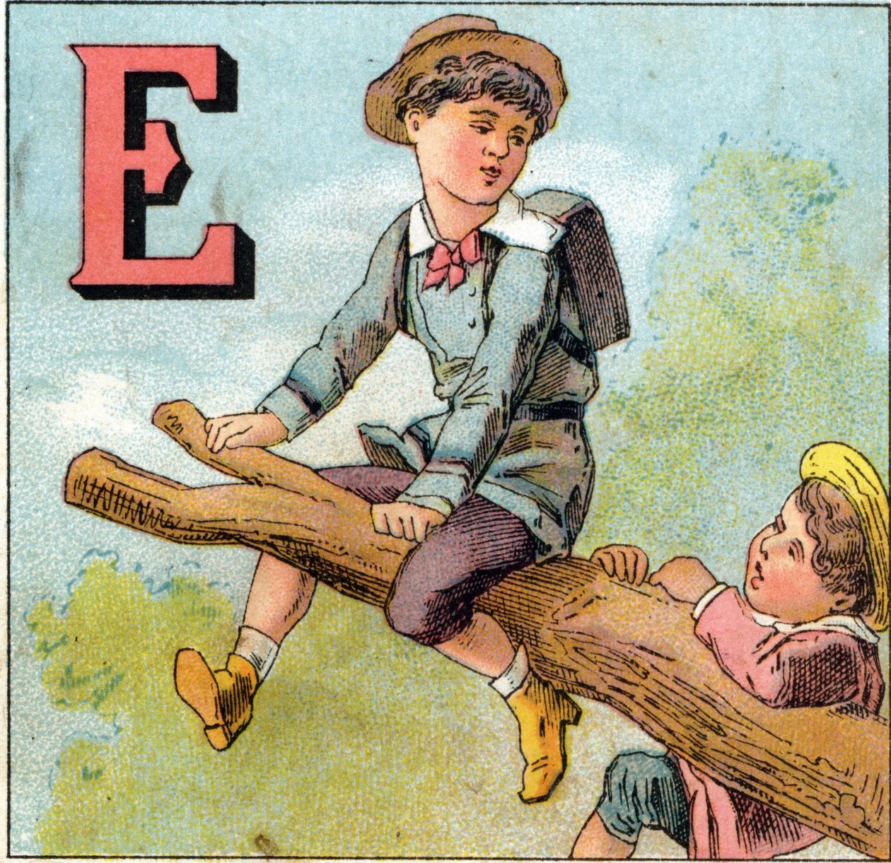الحروف الإلكترونية: صبي في حالة توازن على غصن شجرة. نقش في "Alphabet des petits ecoliers". تصوير إبينال ، حوالي عام 1885. مجموعة بريفيه بواسطة غير معروف