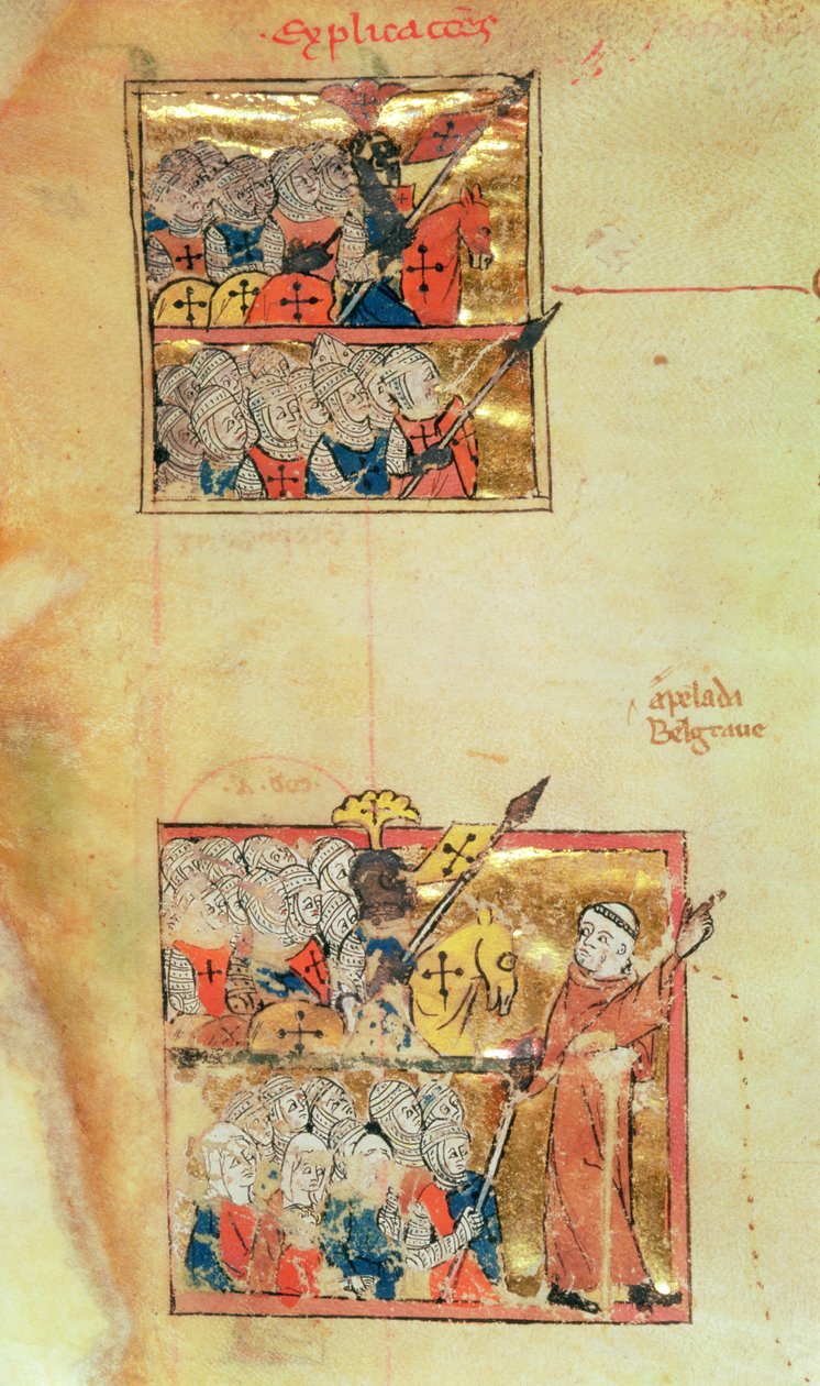 مثال: 1500 f.45v منمنمتان تظهران الصليبيين بقيادة بيتر الناسك ، 1095 ، Histoire Universelle ، c.1286 (رق) (انظر 11457 لمزيد من التفاصيل) بواسطة فنان غير معروف