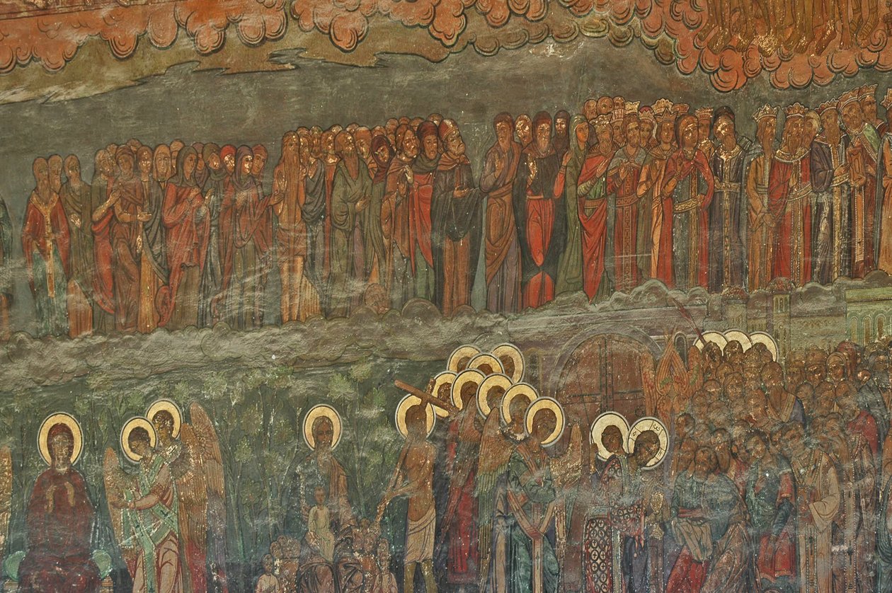 أوروبا ، رومانيا ، بوخارست ، الكاتدرائية البطريركية الأرثوذكسية (1656) ، لوحة جدارية بجوار المدخل بواسطة غير معروف