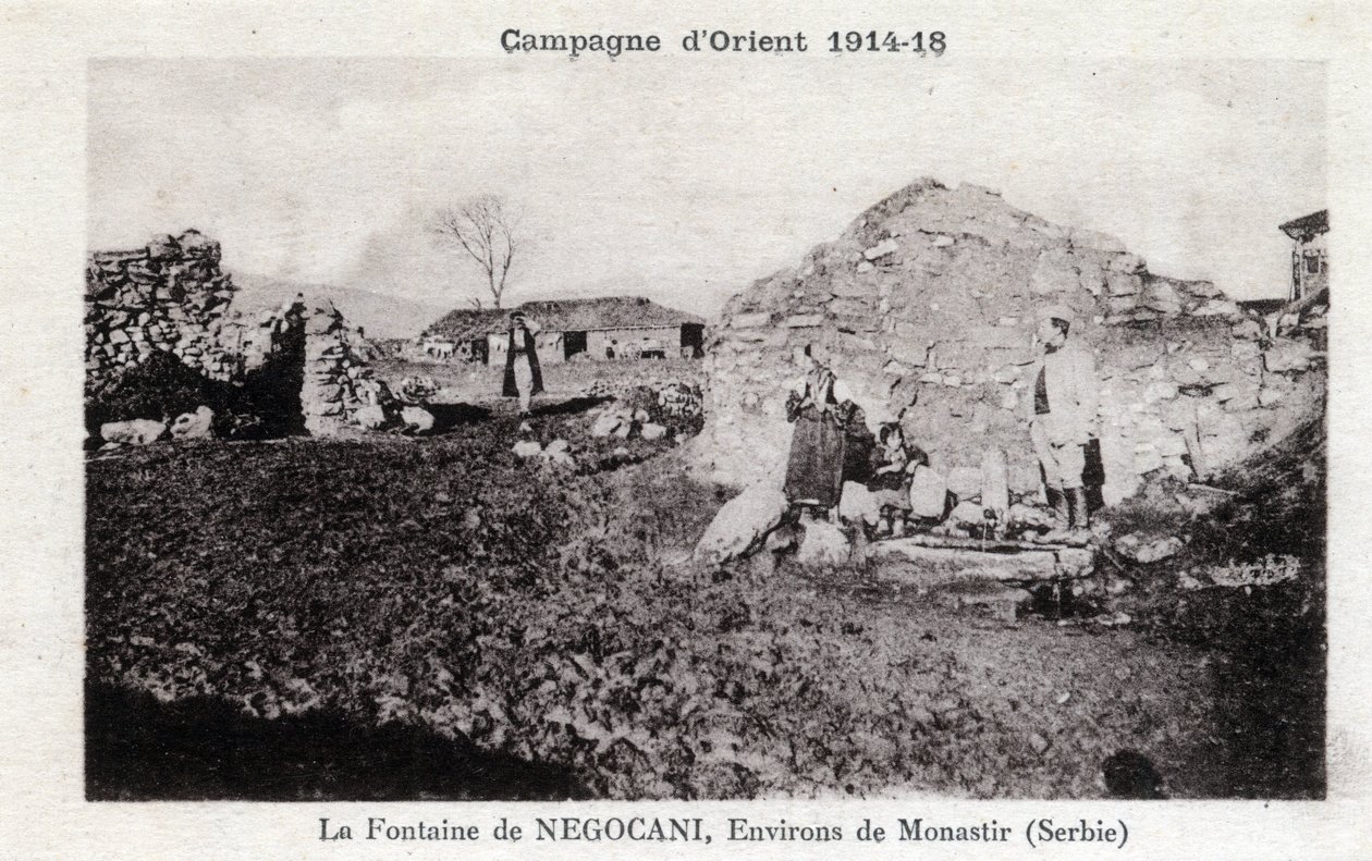 الحرب العالمية الأولى (1914-1918) - الحملة الشرقية: نافورة نيجوكاني في صربيا (مقدونيا حاليًا) - بطاقة بريدية بواسطة فنان غير معروف