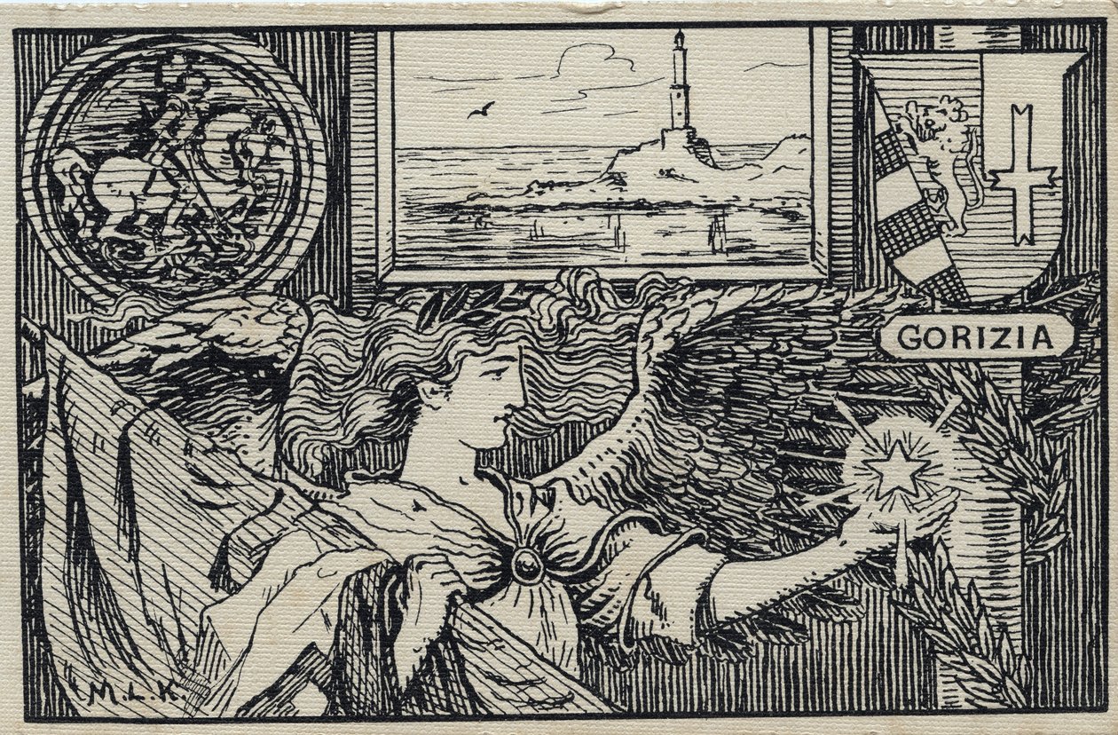 الحرب العالمية الأولى (1914-1918): بطاقة بريدية وطنية إيطالية لإلحاق غوريزيا بإيطاليا بواسطة فنان غير معروف