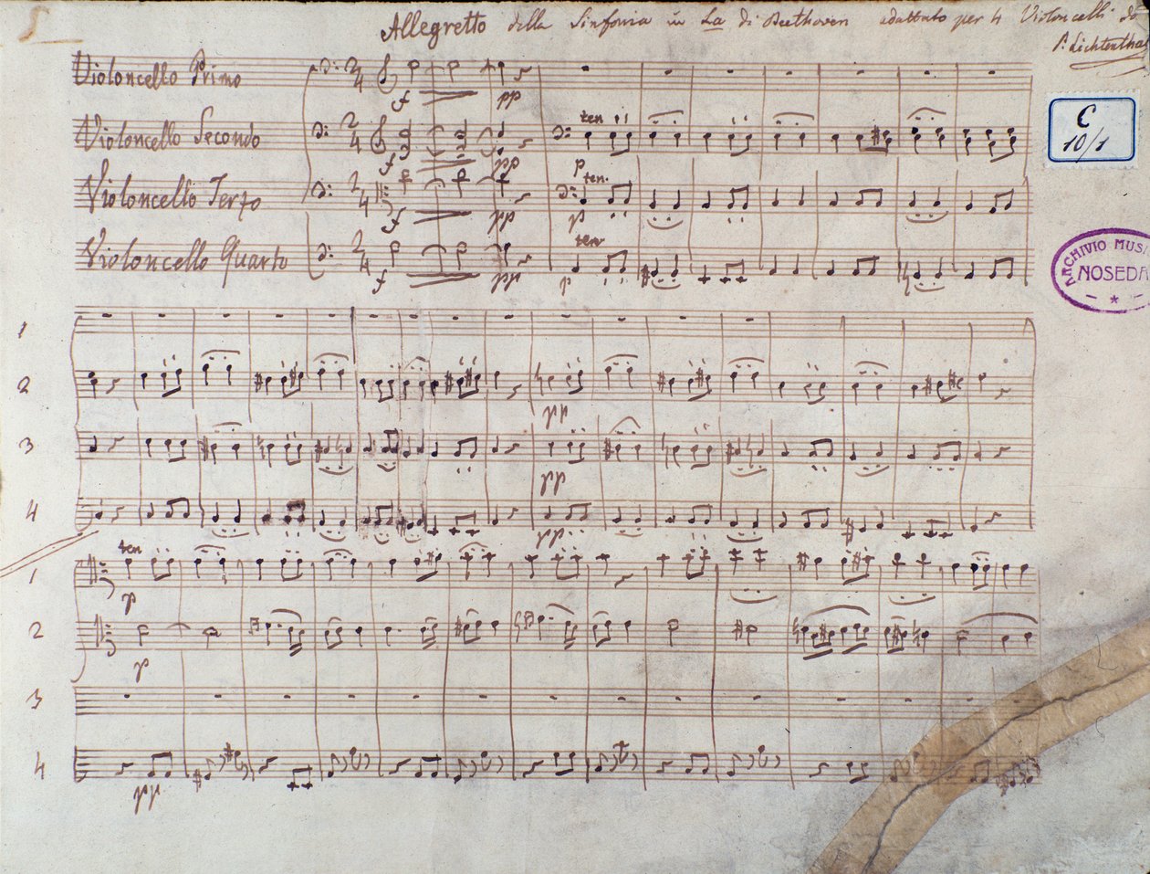 الصفحة الأولى من النتيجة لأربعة تشيلو من Symphony n. 7 ar رائد ، مرجع سابق. 92 ، بواسطة لودفيج فان بيتهوفن بواسطة فنان غير معروف