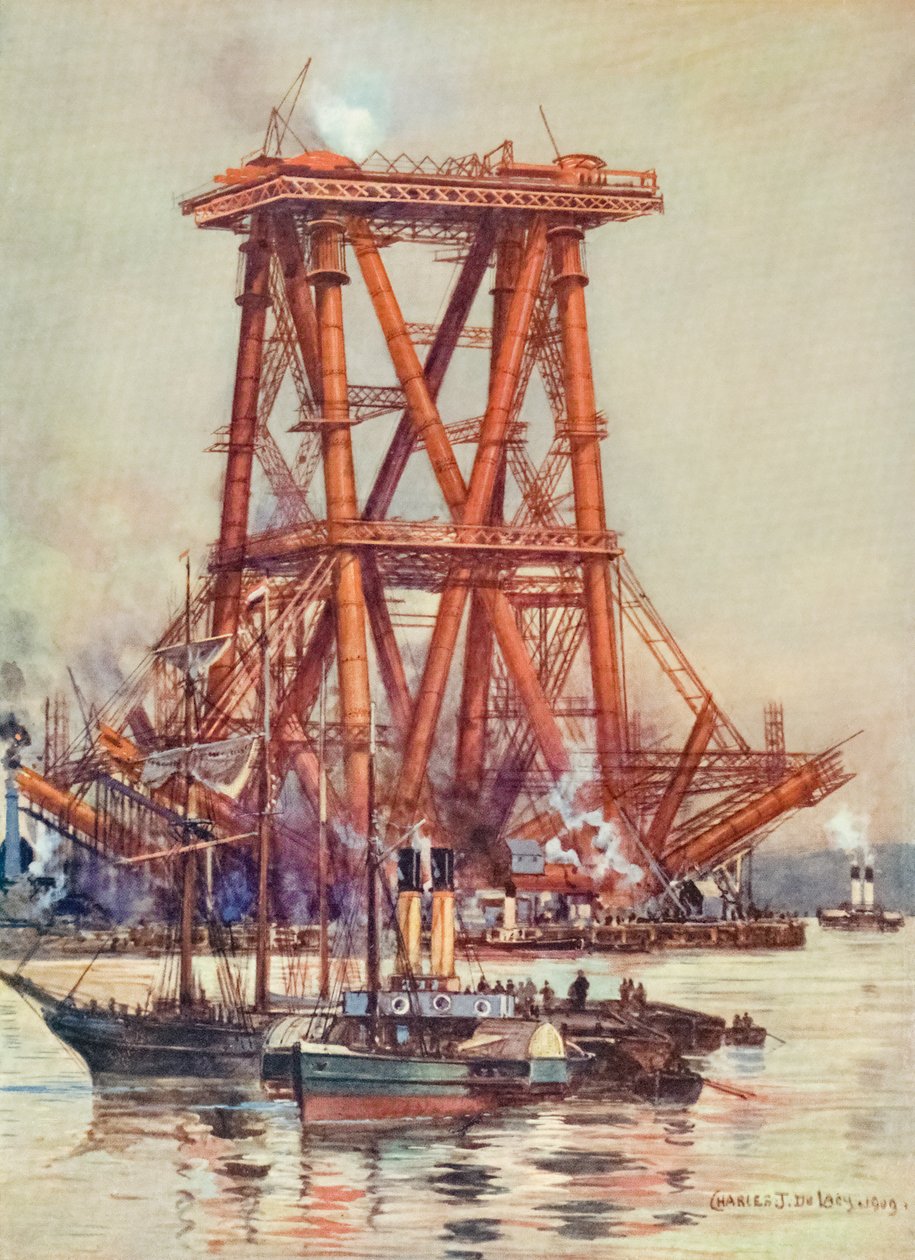 جسر فورث ، اسكتلندا ، قيد الإنشاء. ج 1880-1890 بواسطة فنان غير معروف