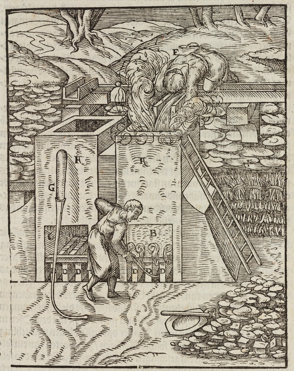 فرن تسخين خام الذهب - نقش من وصف الخامات وطرق التعدين الرئيسية ، بواسطة Lazarus Ecker بواسطة غير معروف